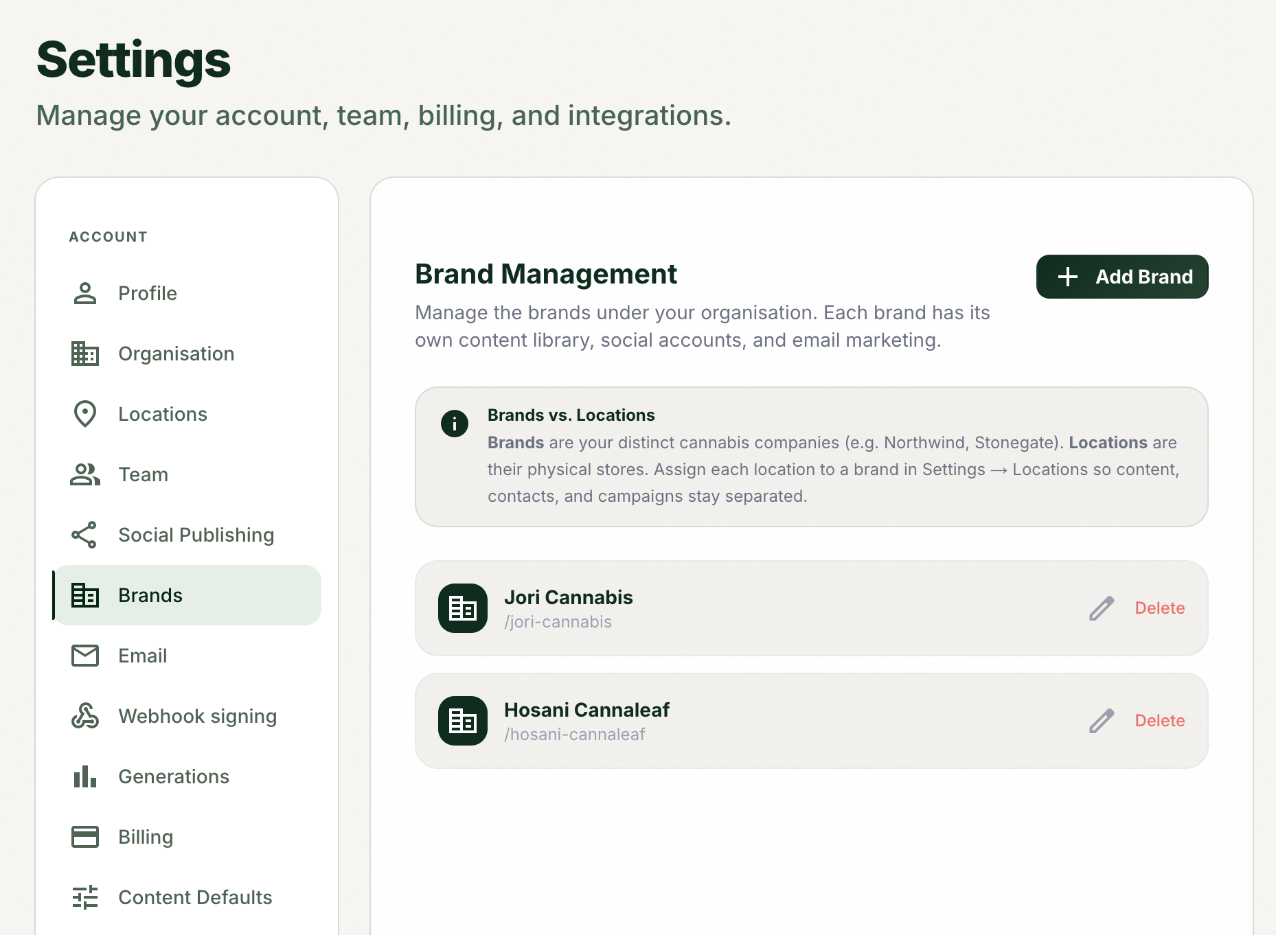The Settings Brands tab with the create-brand action