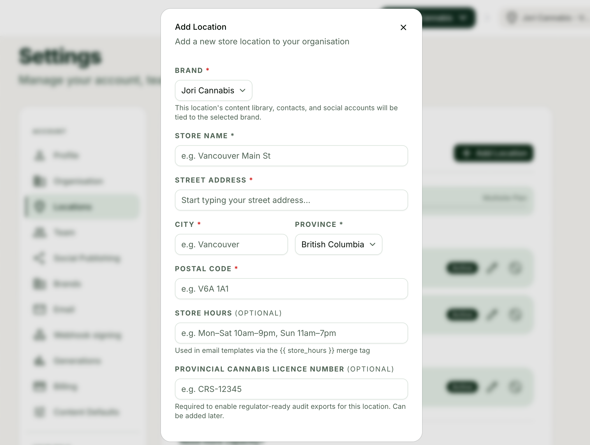 The Settings Locations tab with the add-location action