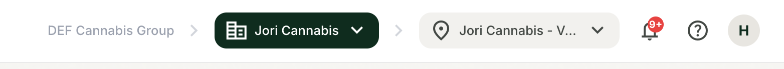 The top bar with both the brand switcher and location selector visible