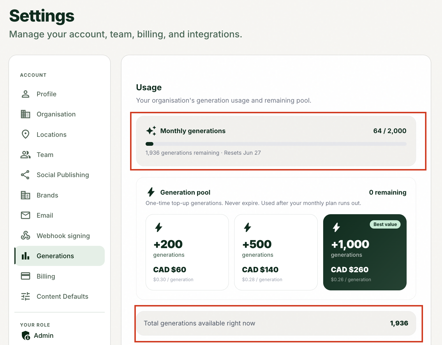The Settings Generations tab showing allowance progress and pool balance