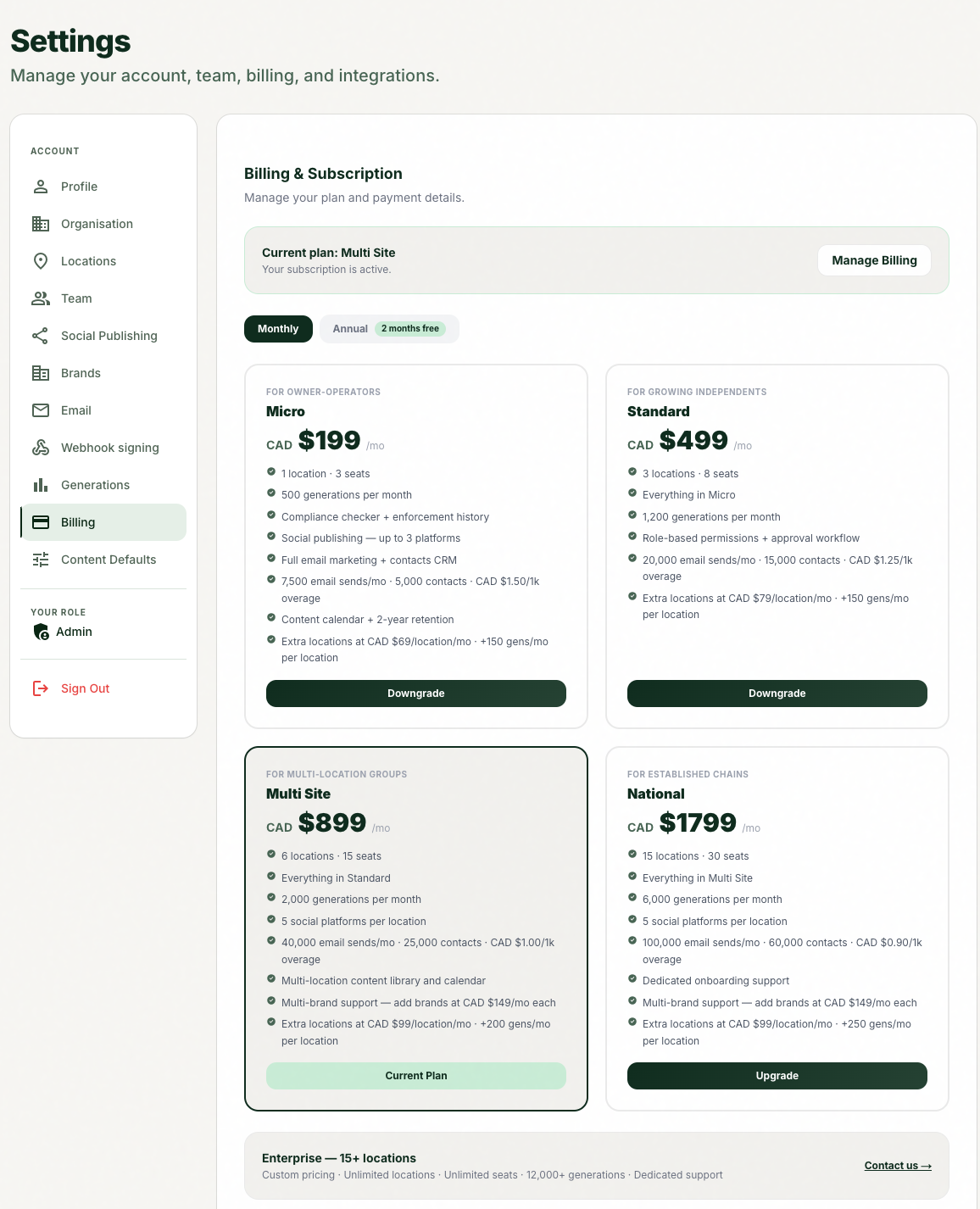 The Settings Billing tab with the plan comparison visible