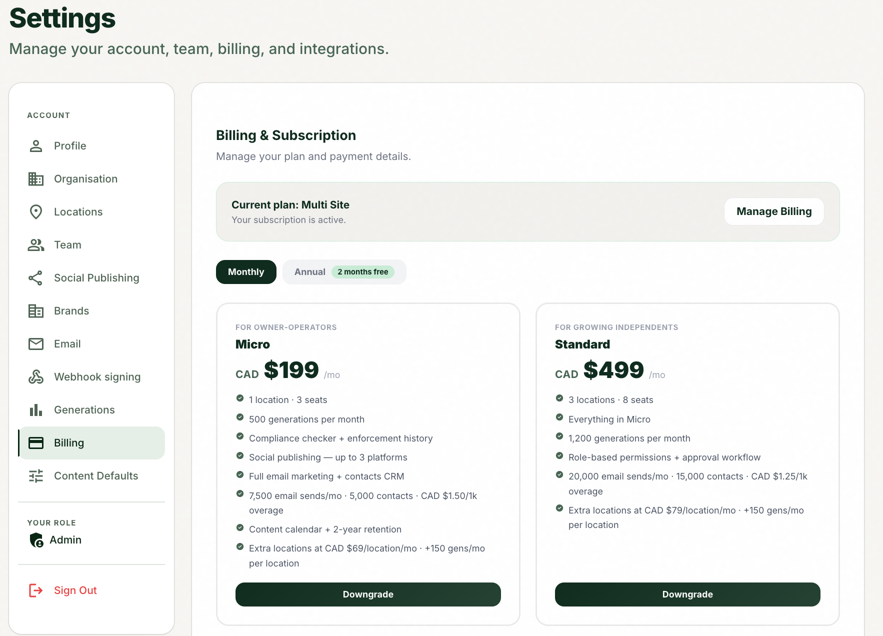 The Billing tab with the monthly/annual toggle and plan comparison