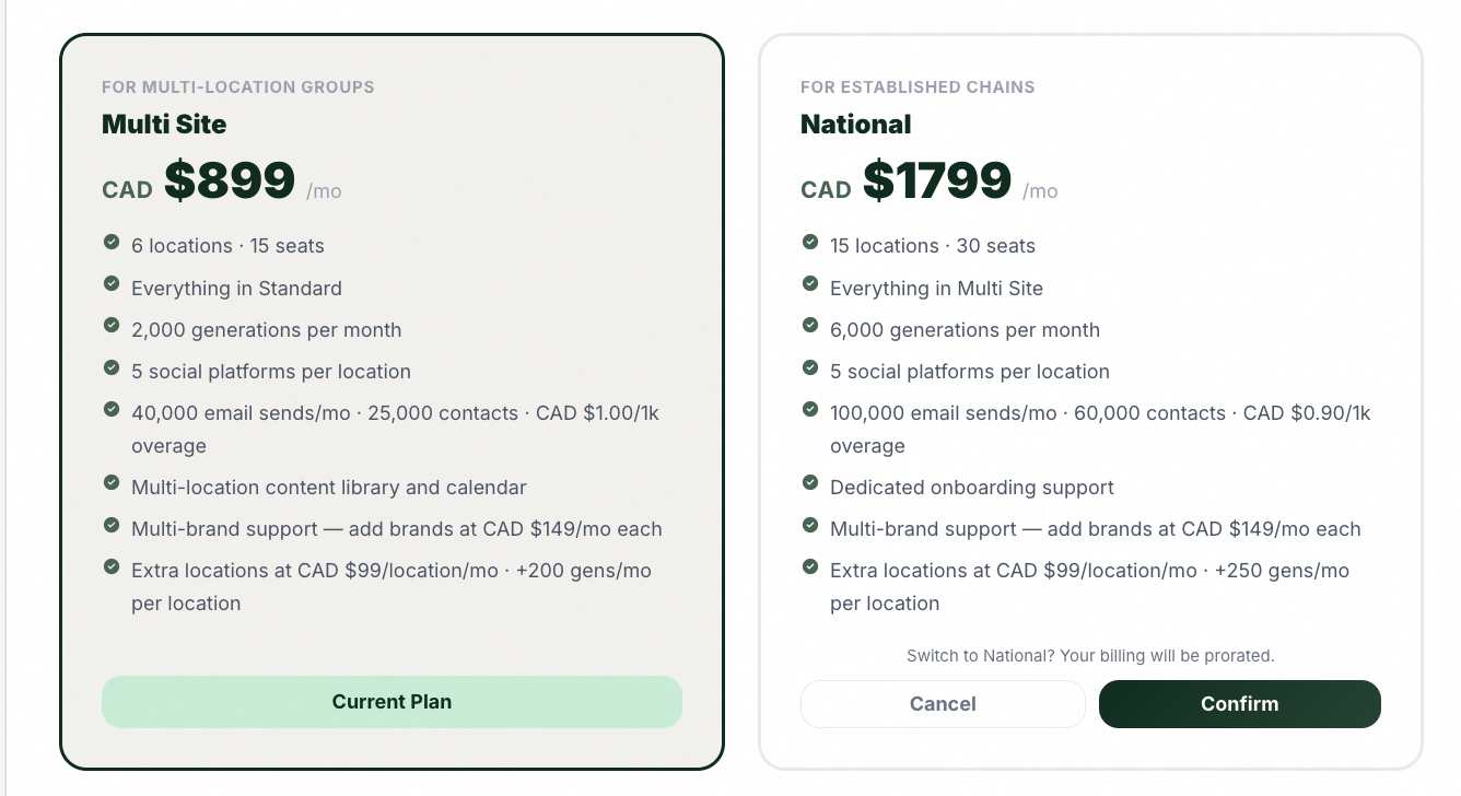 The plan comparison with an upgrade selected
