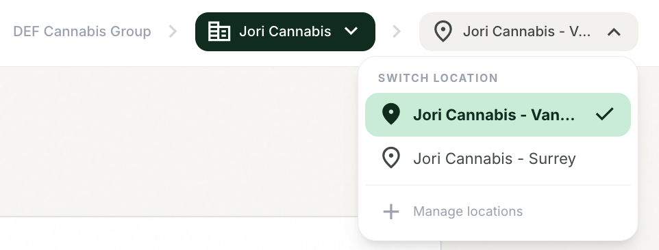 The top bar with the location selector open, showing individual stores and "All Locations."