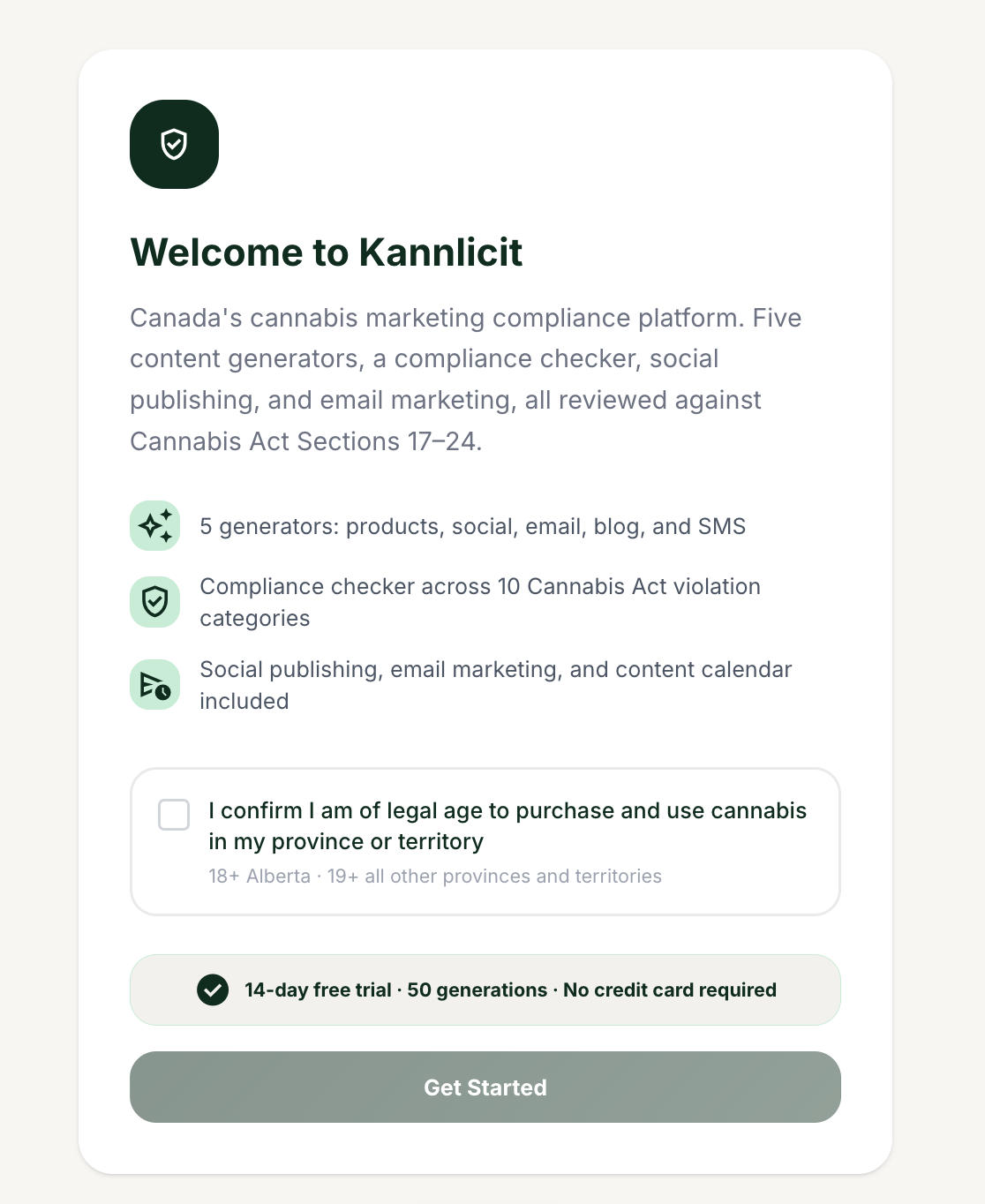 The "Welcome to Kannlicit" screen showing the legal age confirmation checkbox