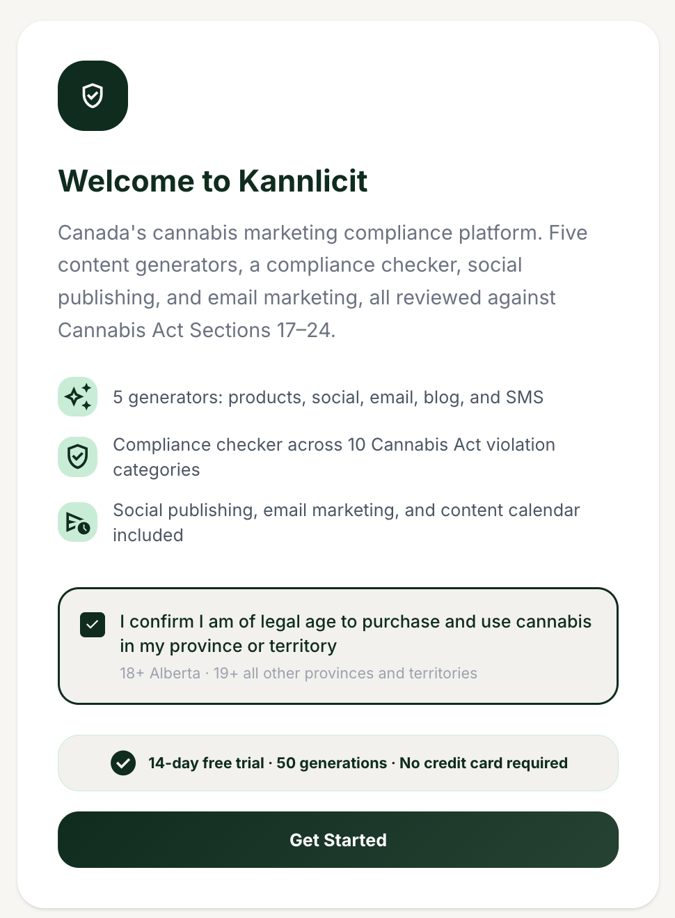 The welcome screen with the age confirmation checkbox highlighted
