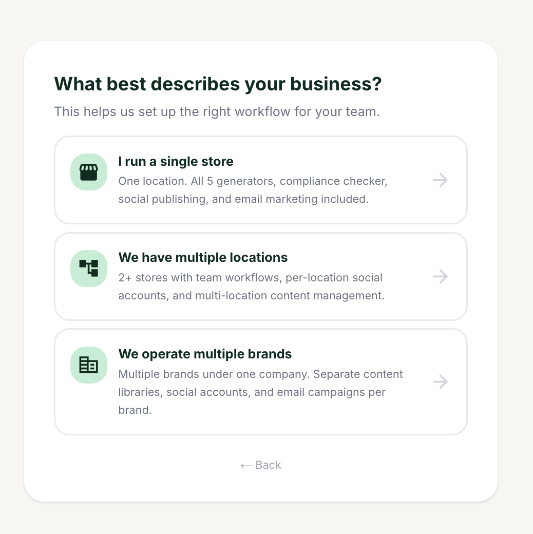 The business type screen with the three options visible