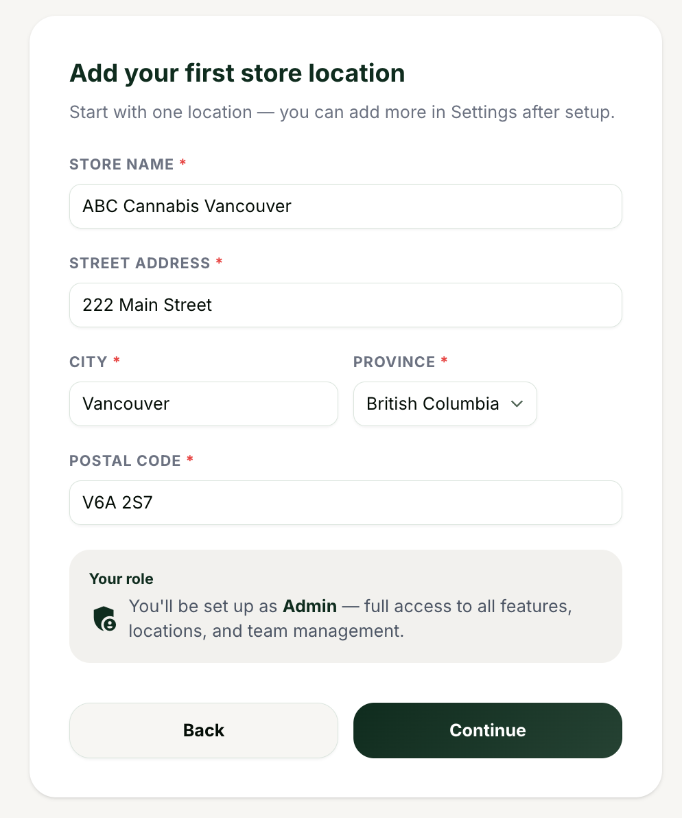 The location step with the address fields visible