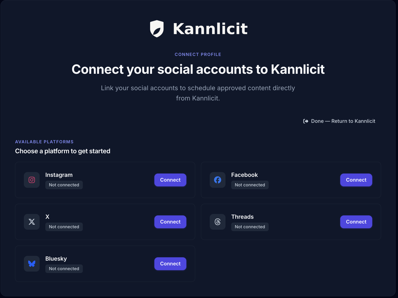 The Settings Social Publishing tab showing the platform connect buttons