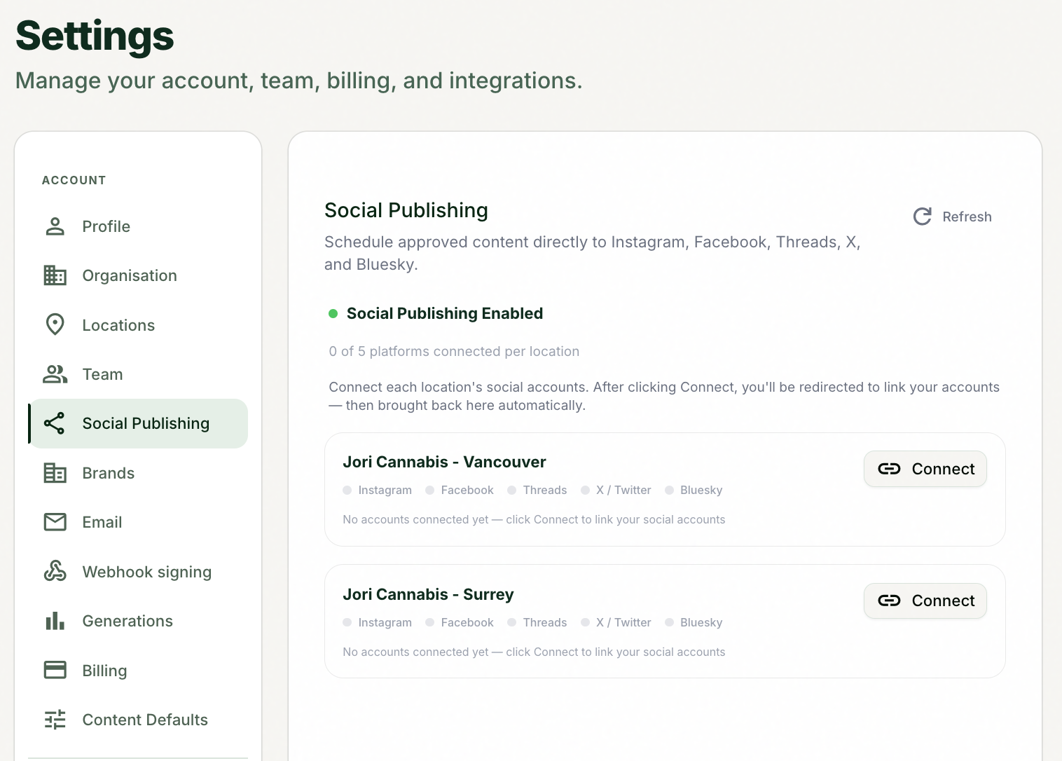 The Social Publishing tab with the location context visible